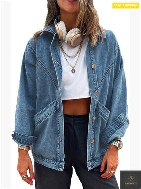 Oversized Button Up Denim Jacket Loose Fit Jean Jacket Huge Pockets Retro